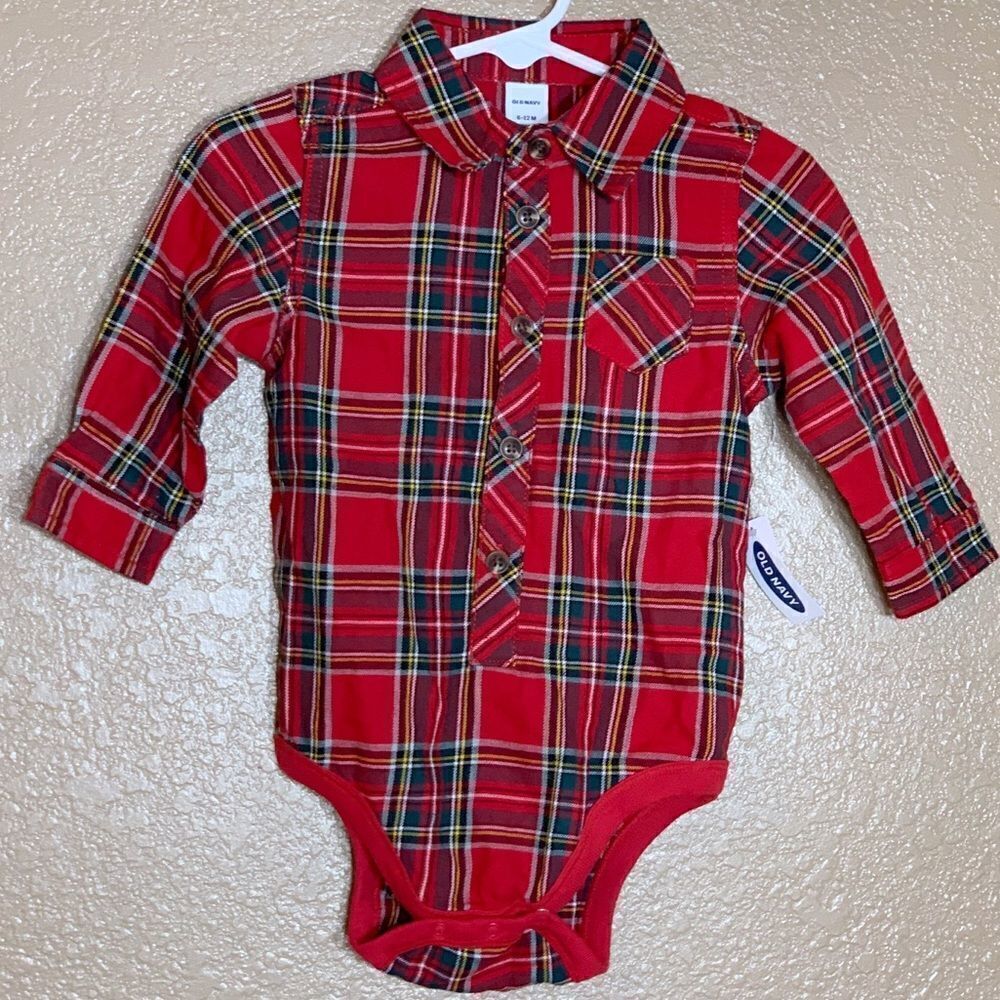Old Navy baby boy red plaid long sleeve onesie